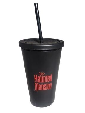 Disney Black Cup with Red "The Haunted Mansion" Logo and Straw